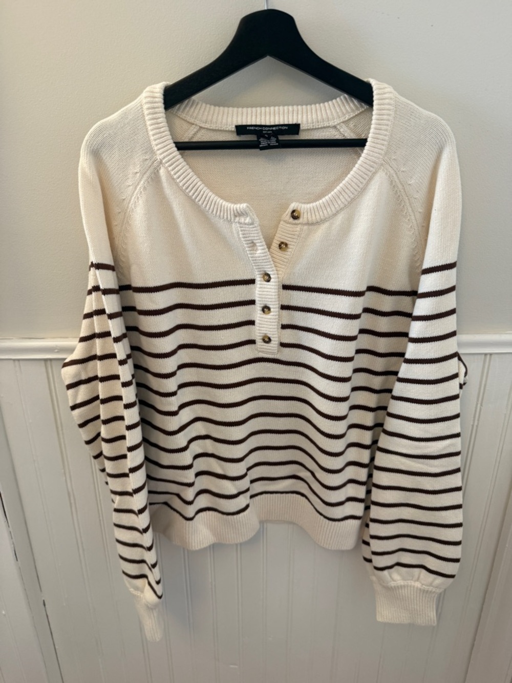 French Connection 100% Cotton Striped Cream Henley Sweater